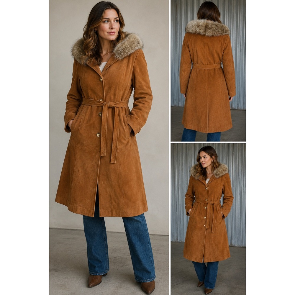 Vintage Cognac Suede Leather Fur Collar Long Coat Womens Belted